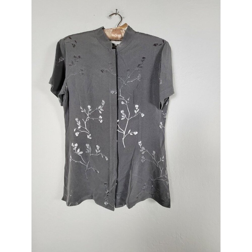 Caroll Womens Shirt Top Size 38 Gray Floral Button Up Short Sleeve Work Y2K